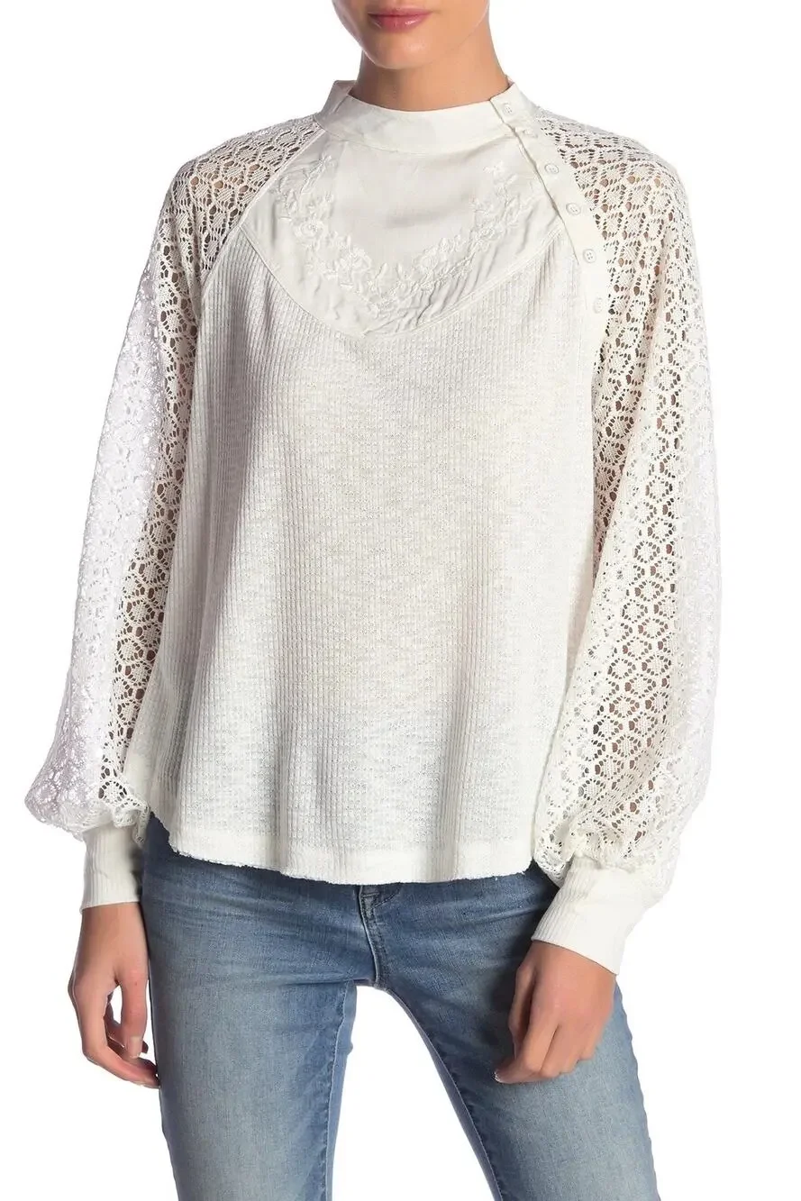 Free People embroidered Y2K Long Sleeve Blouse Mock Neck Ivory Large A010225